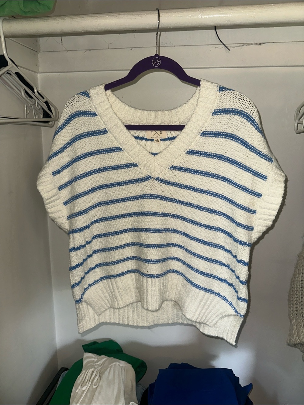 Thread & Supply White and Blue Striped V-Neck Sweater